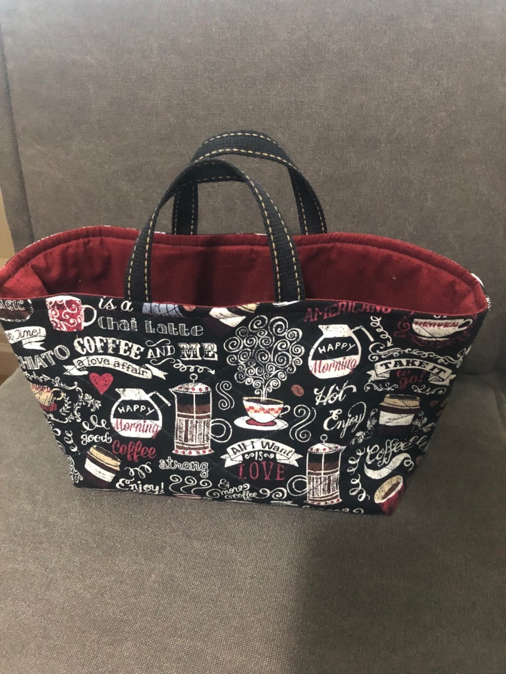 Cloth lunch bag coffee theme handmade black white tote
